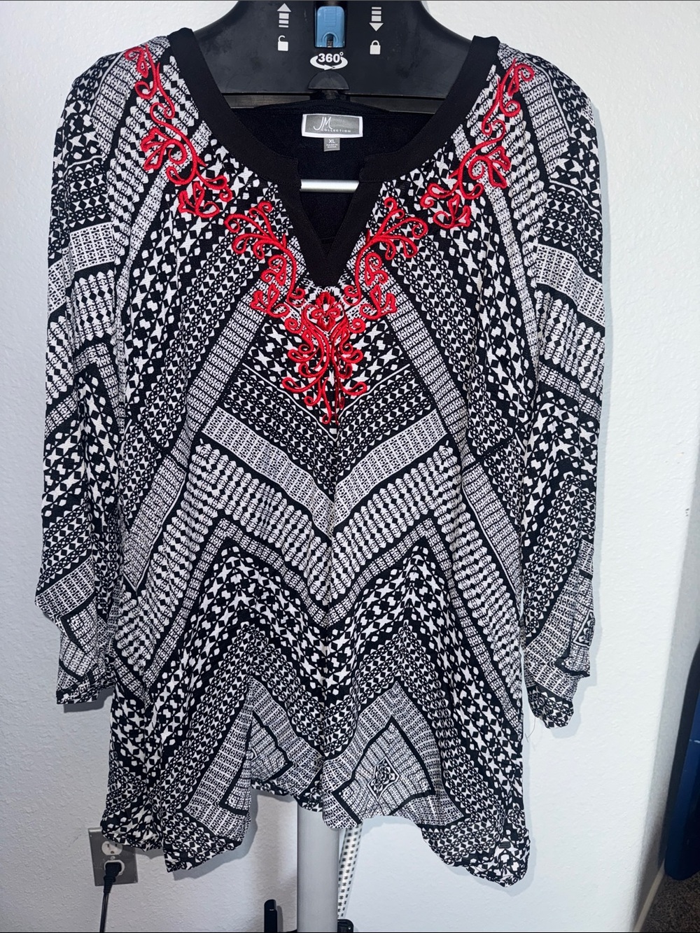 NWOT JM Collection Black & White Geometric Tunic with Red Embroidered V-Neck